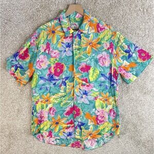 Vintage JAMS WORLD Hawaiian Shirt Mens M‎ Tiger lily floral print turquoise USA